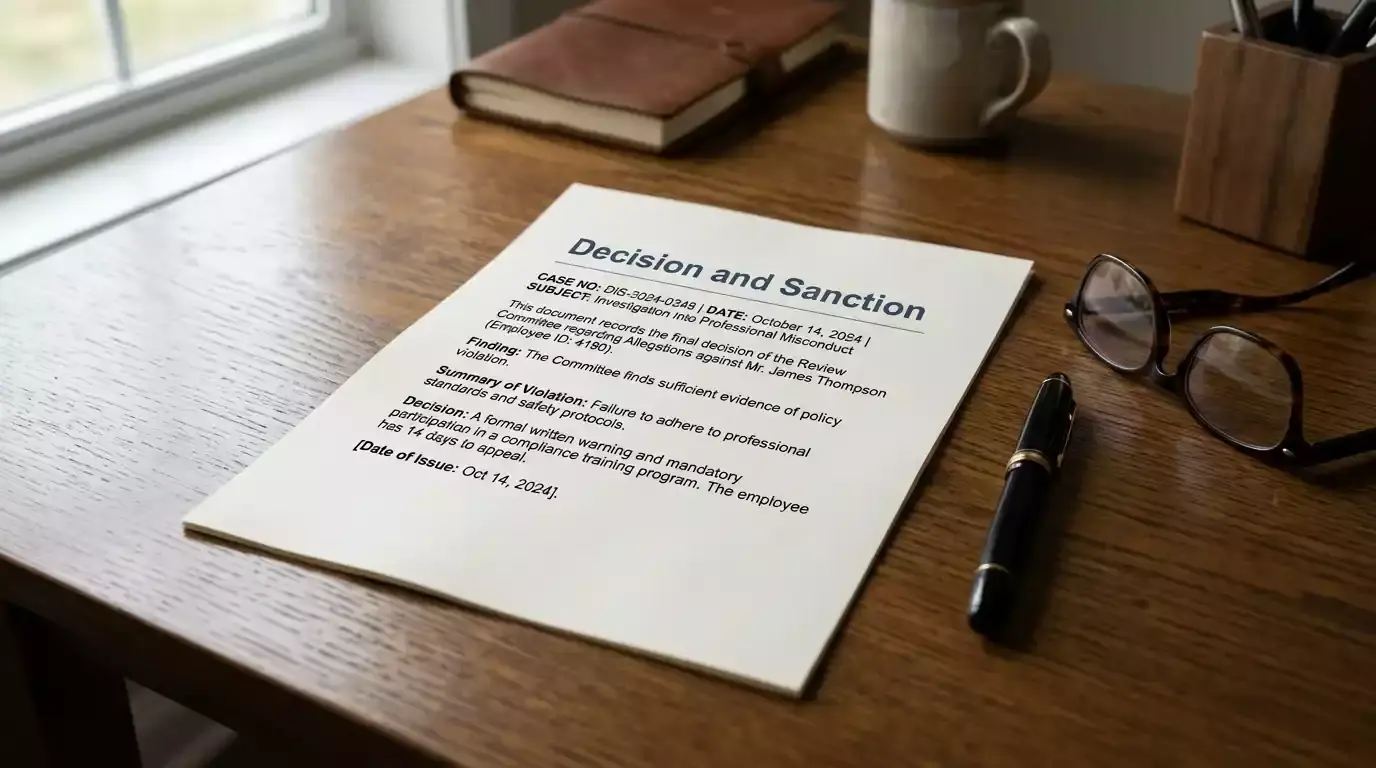 Printed disciplinary decision page on a polished desk with a pen on top