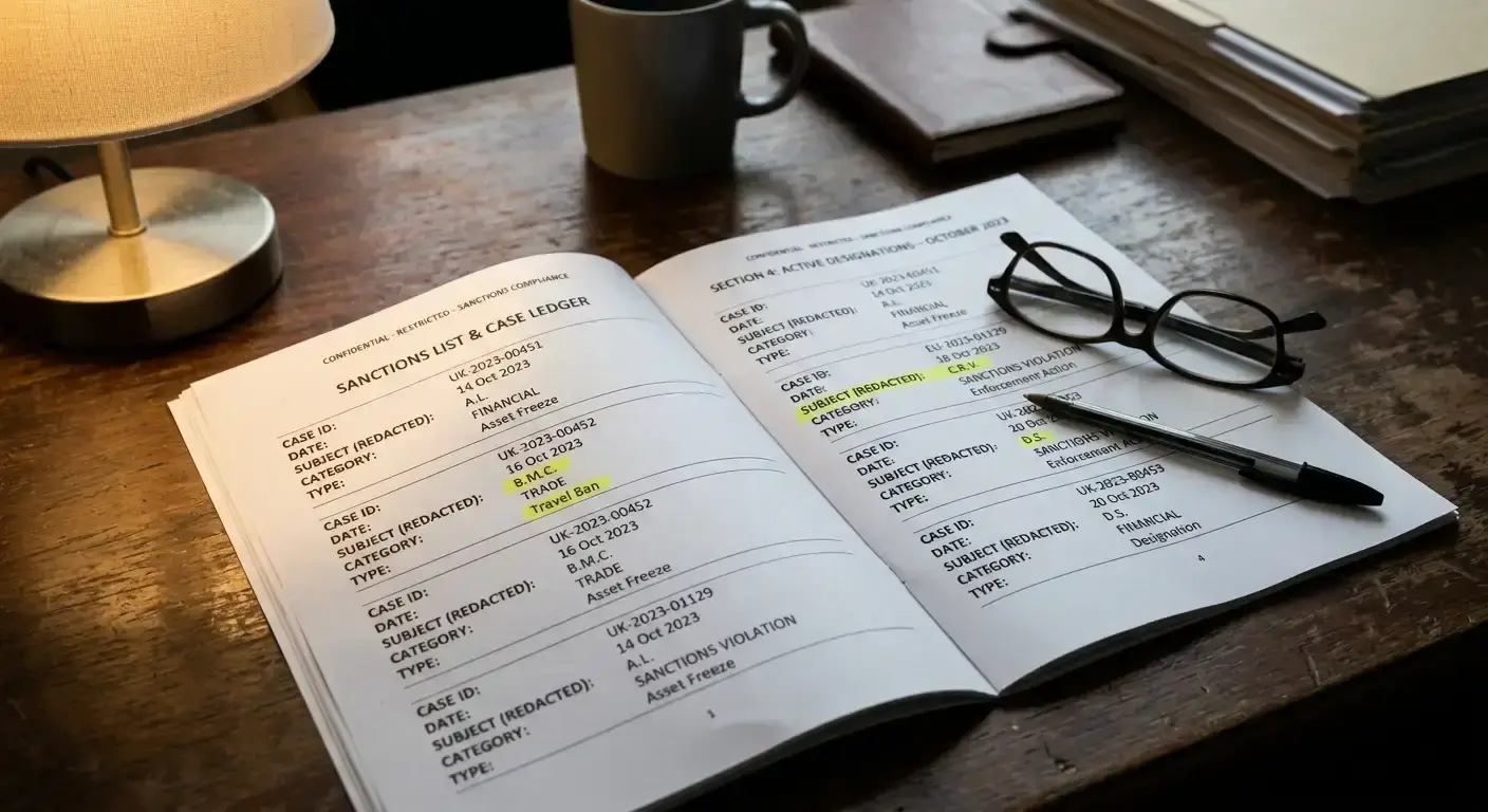 Printed disciplinary sanctions ledger laid open on a desk with markers