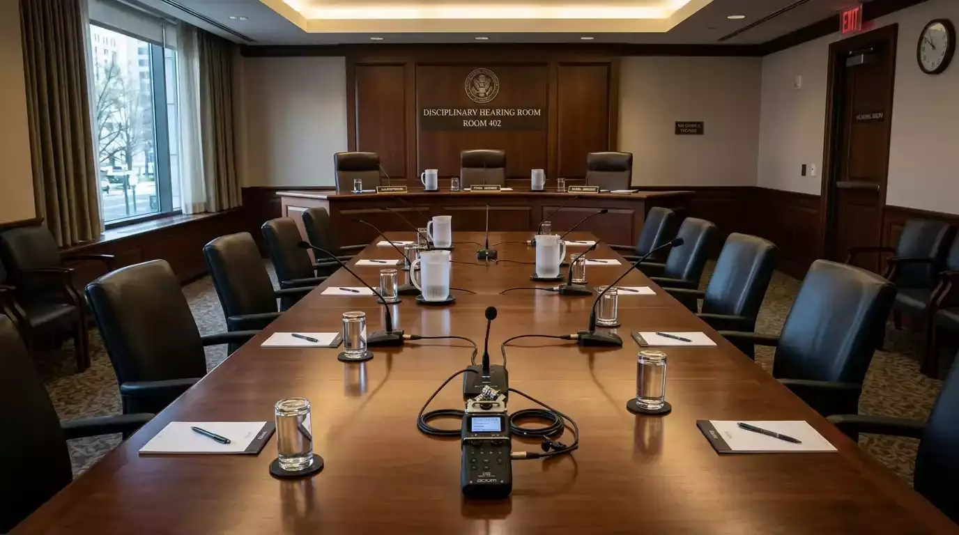 Empty disciplinary hearing room with a long table and microphones set up