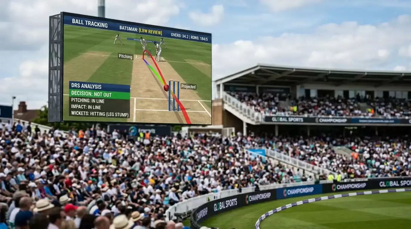 Stadium big screen showing a DRS replay during a cricket match review