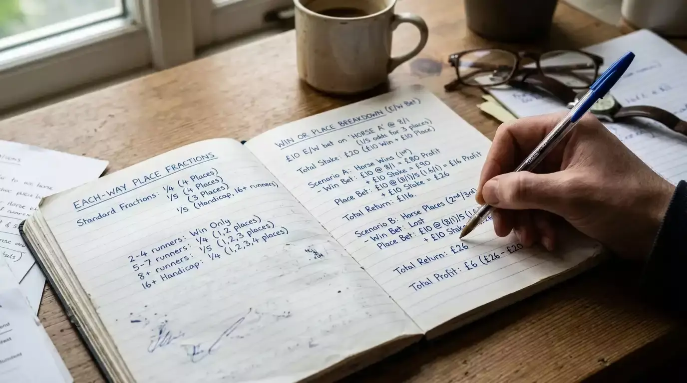 Notebook with hand-written notes explaining each-way place fractions for cricket