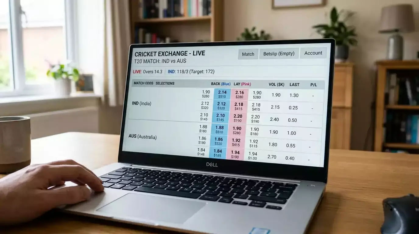 Cricket exchange interface showing back and lay prices side by side