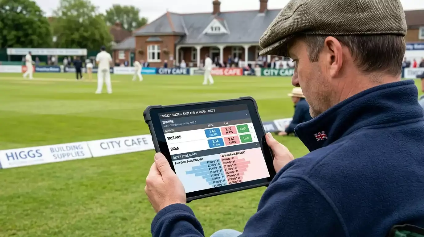 Trading screen showing back and lay prices on a cricket match with order book depth