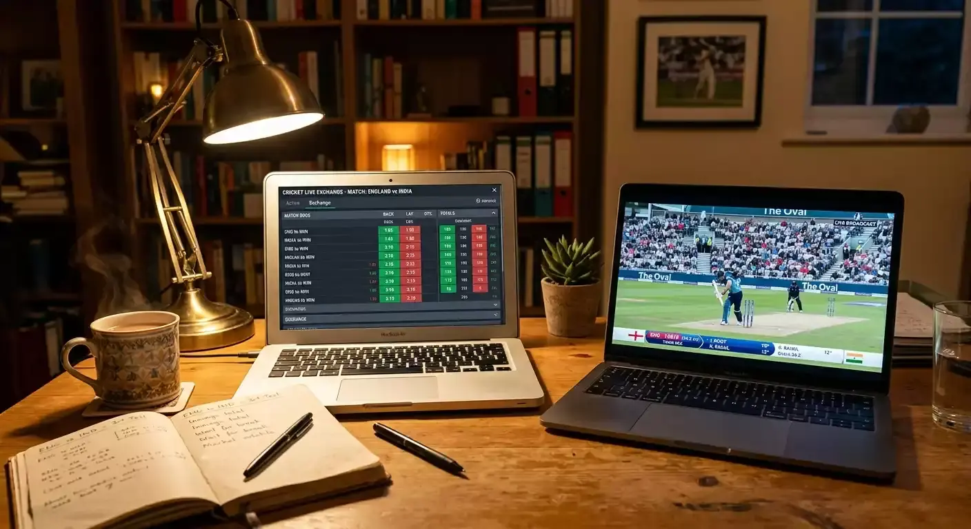 Trader's desk with multiple screens showing a cricket exchange and a live feed