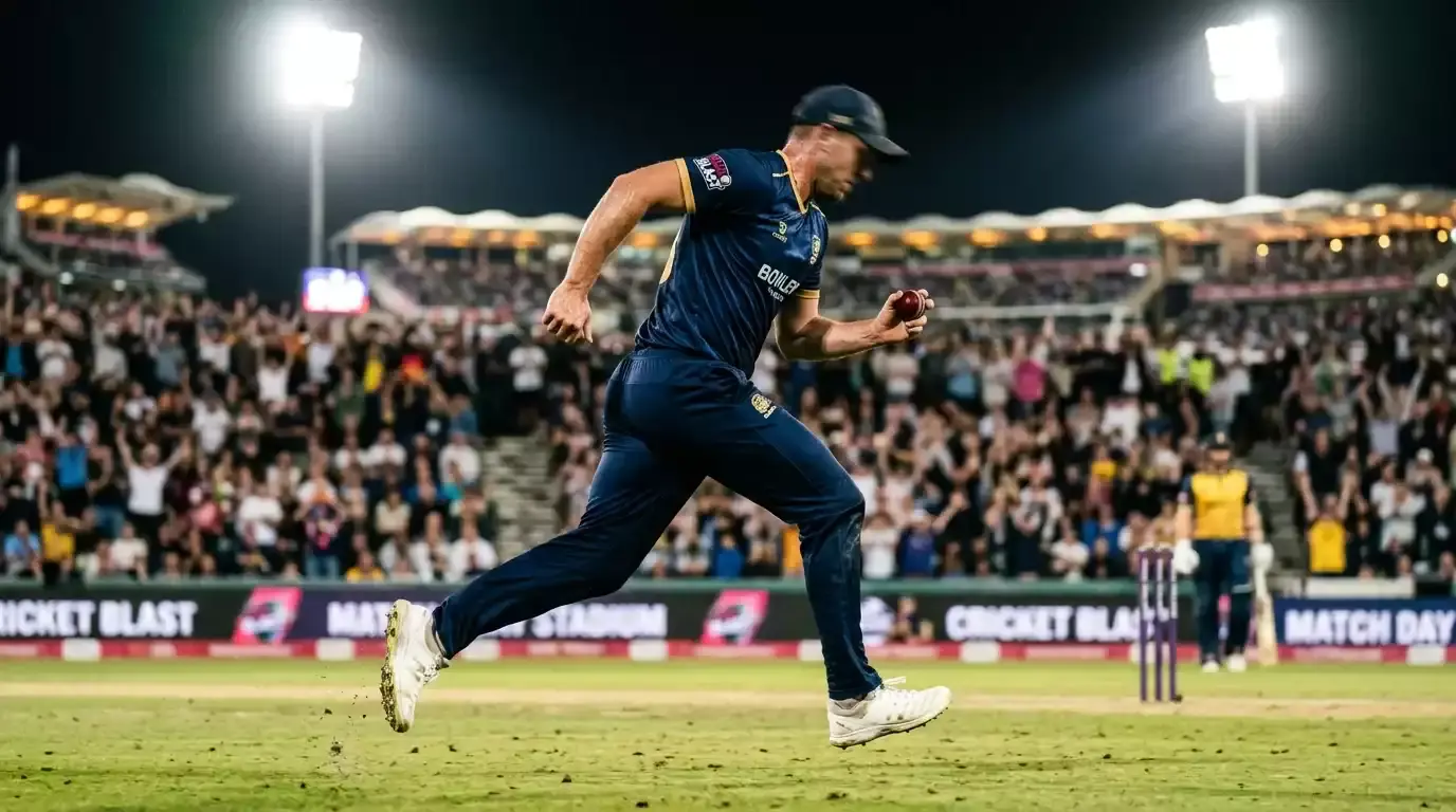 Fast bowler running in to deliver at the death overs of a Vitality Blast match
