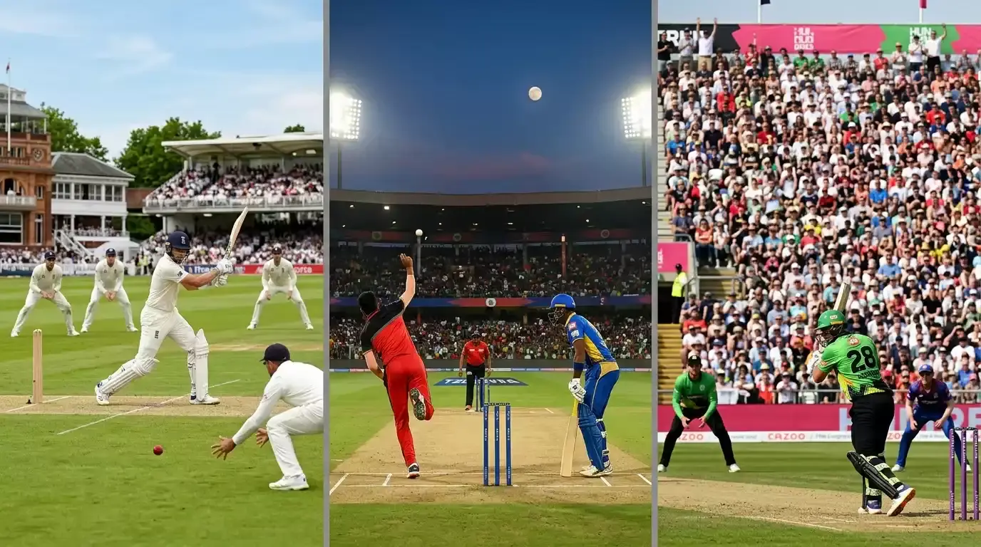 Three cricket scenes side by side — a Test match field, a T20 floodlit ground, and a Hundred crowd