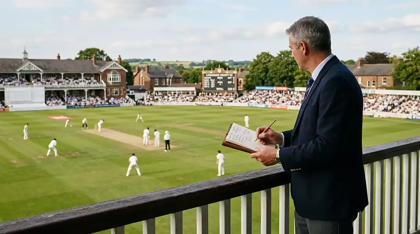 Pavilion balcony at Lord's overlooking the ground, an official watching play with a notebook