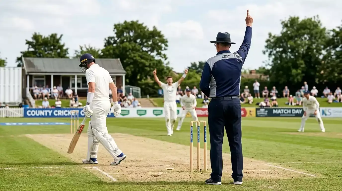 Umpire raising finger for an LBW dismissal in a cricket match