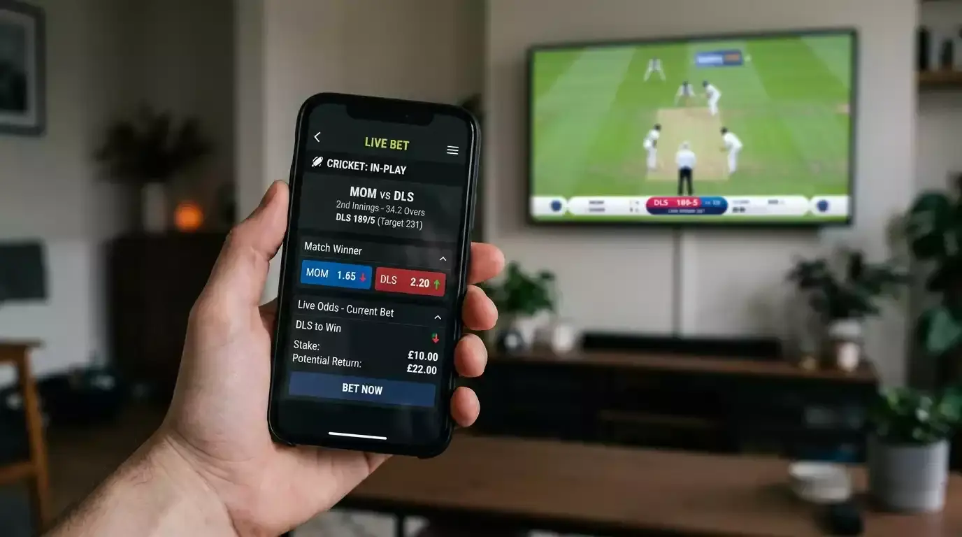 Smartphone showing live cricket bet slip with prices moving in real time