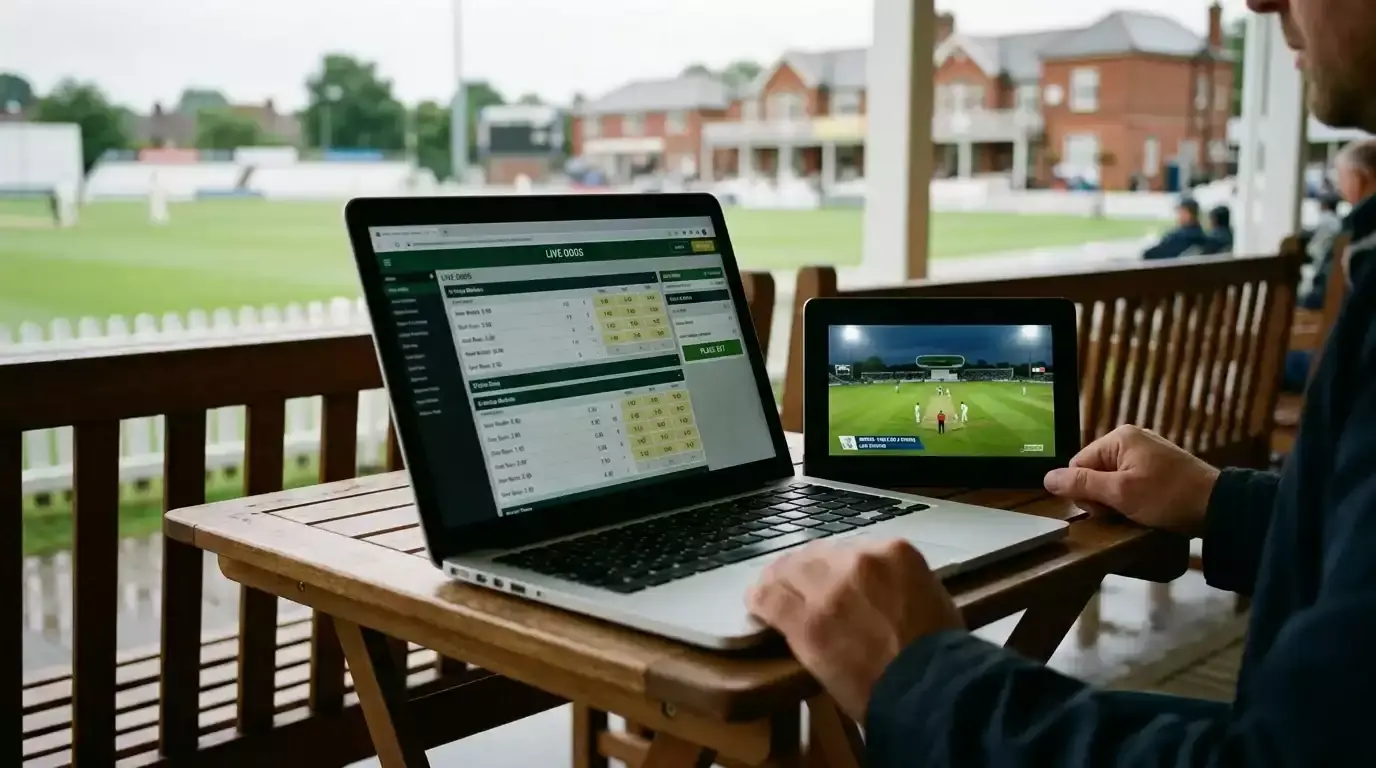 Mobile phone showing a live cricket stream beside a laptop displaying in-play sportsbook odds