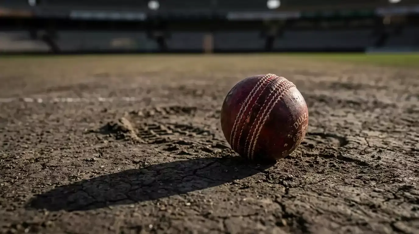 Worn red cricket ball alone at the bowler