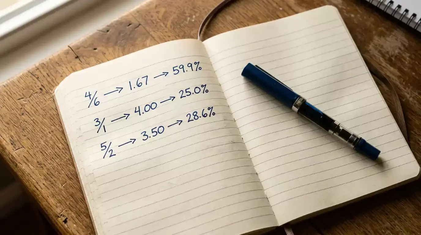 Hand-written notebook page showing fractional odds converted to decimal and implied probability