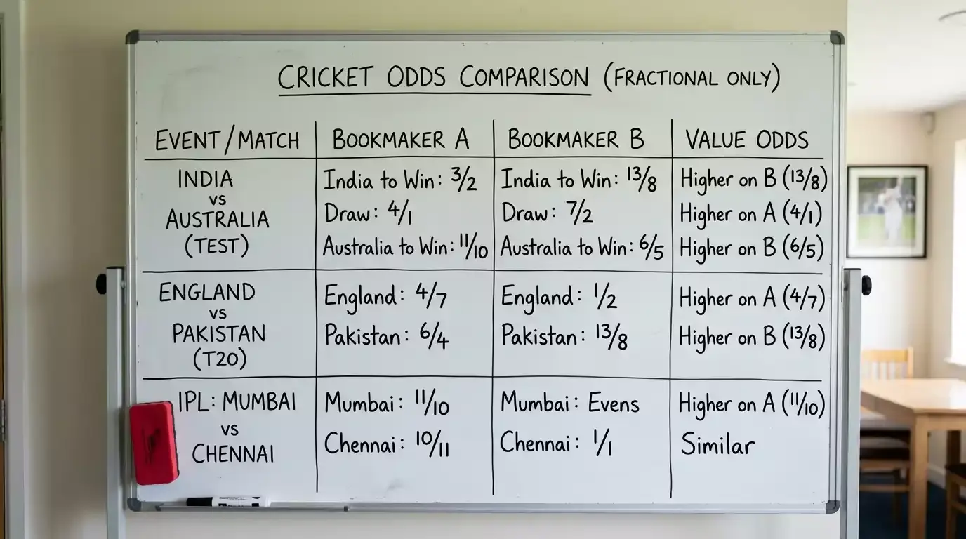 Plain odds comparison board listing cricket selections side by side