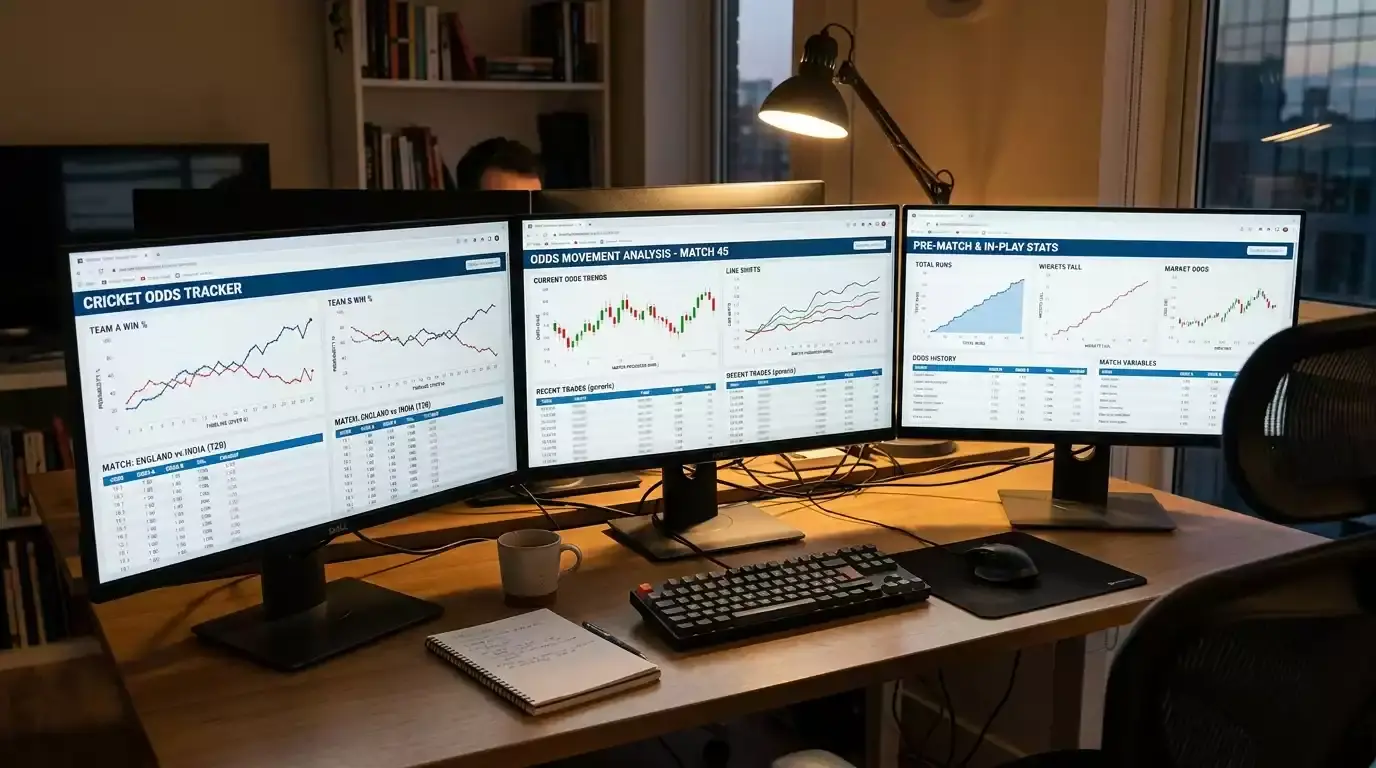 Multiple screens tracking cricket odds movement across UK sportsbooks
