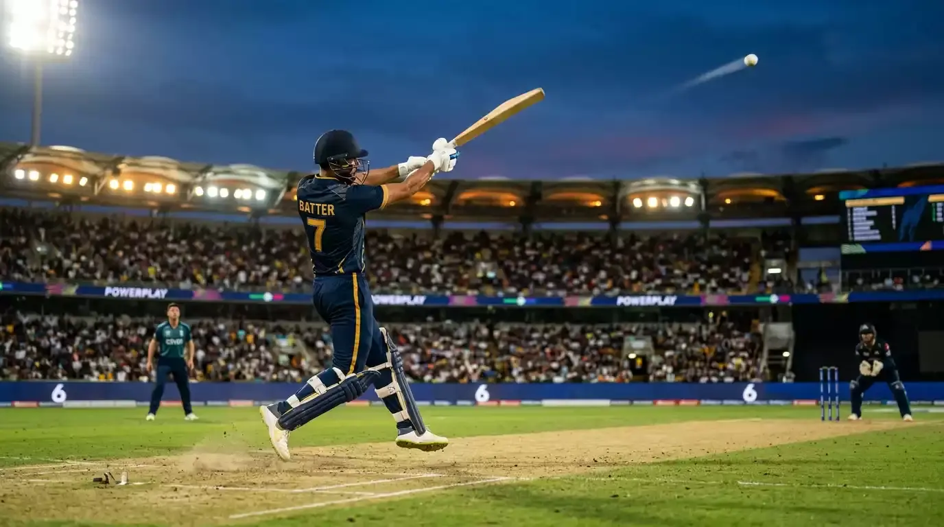 Cricket opener hitting a six over the off-side during a powerplay over