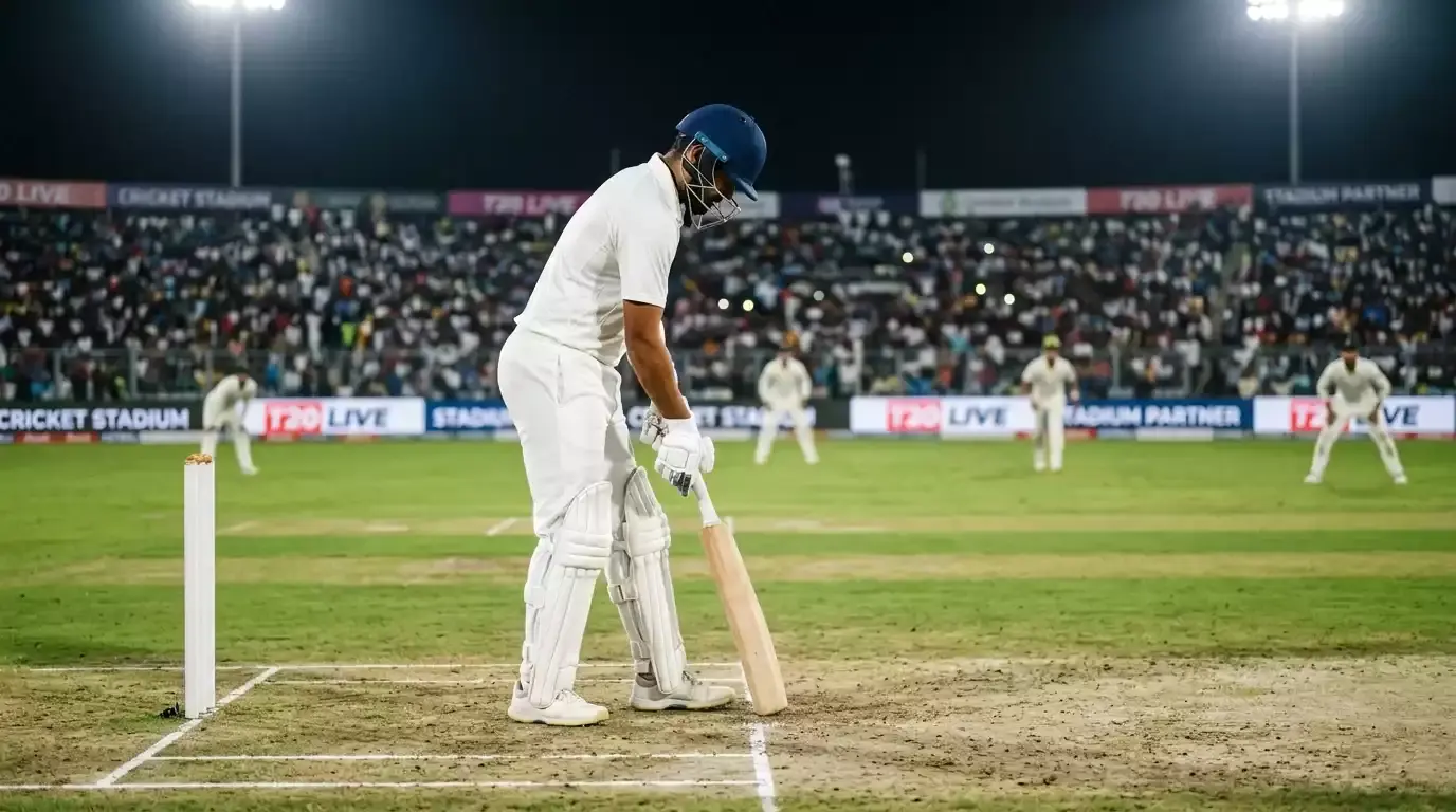 Cricket opener taking guard at the start of a T20 innings under floodlights