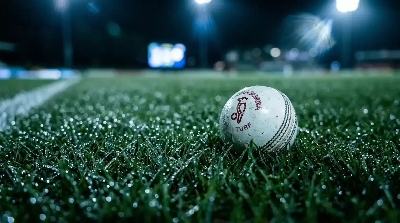 Dew settling on a cricket outfield during a day-night match under floodlights