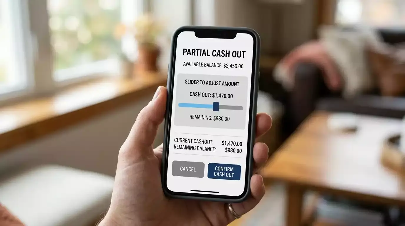 Smartphone showing a partial cash-out slider on a cricket bet slip