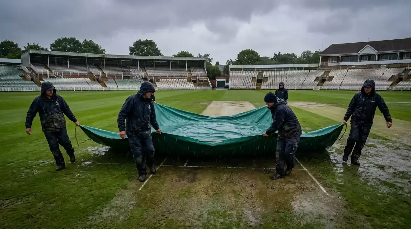 Ground staff pulling covers across a cricket pitch as rain begins to fall