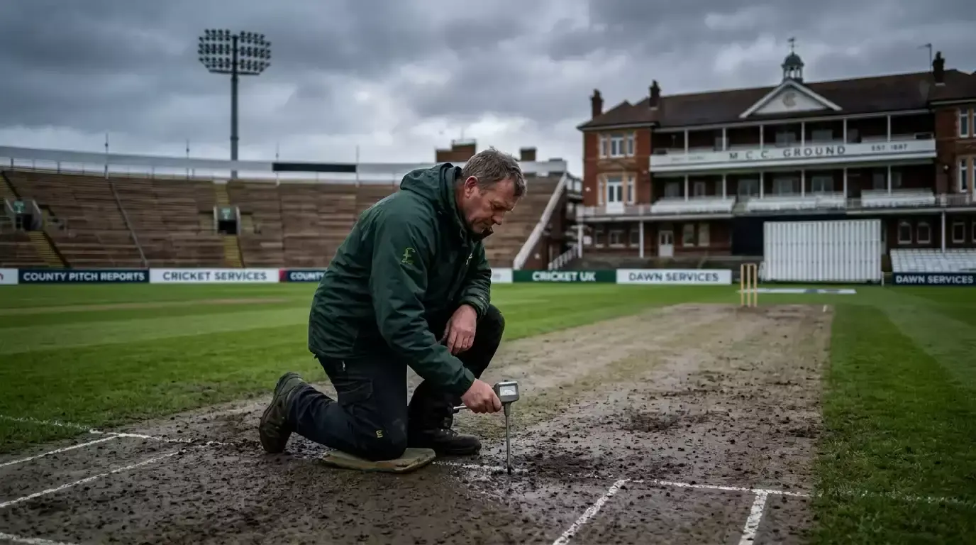 Groundsman inspecting a cricket pitch under overcast English skies at dawn