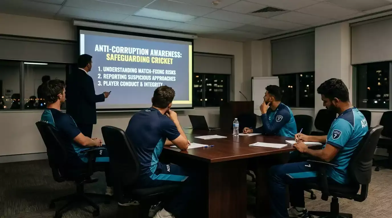 Cricket players seated in a training-room session on anti-corruption awareness