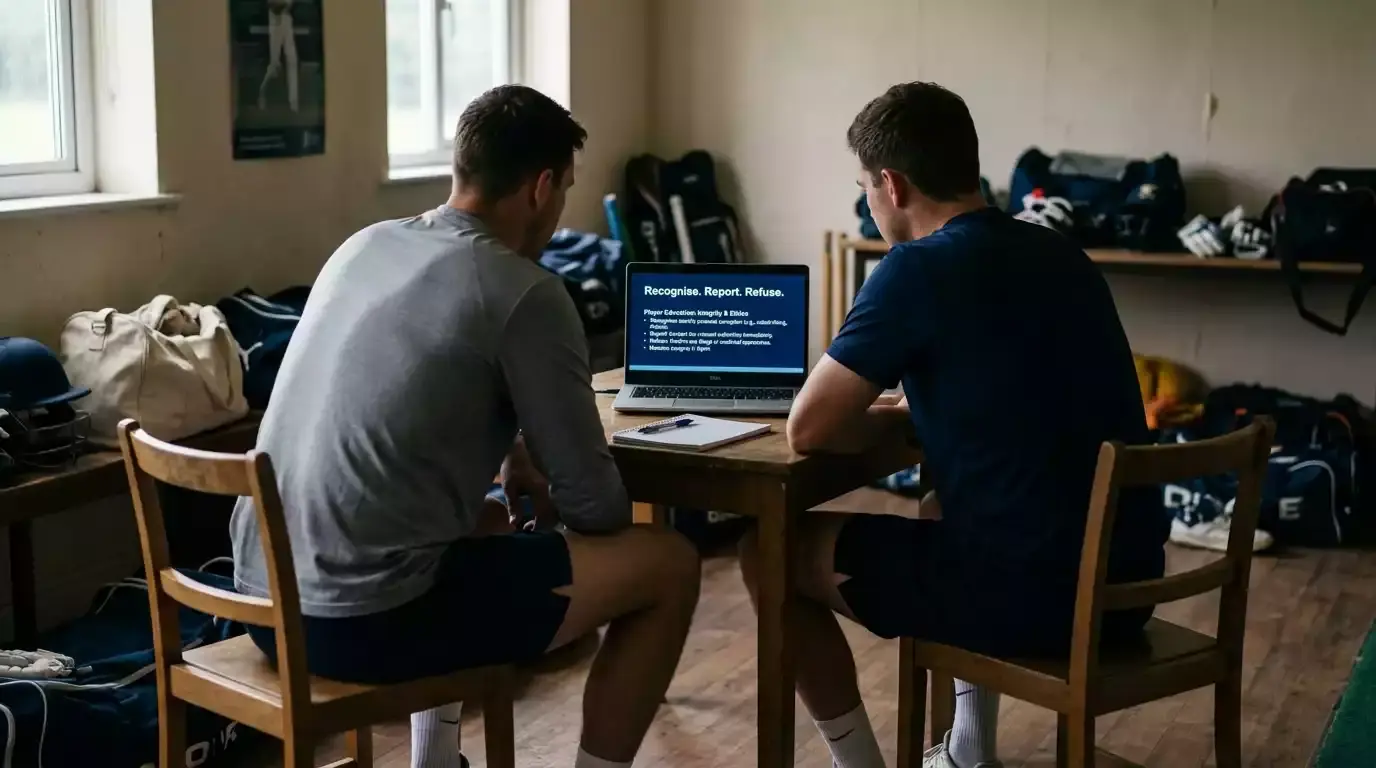 Cricket players watching a laptop presentation on player education modules