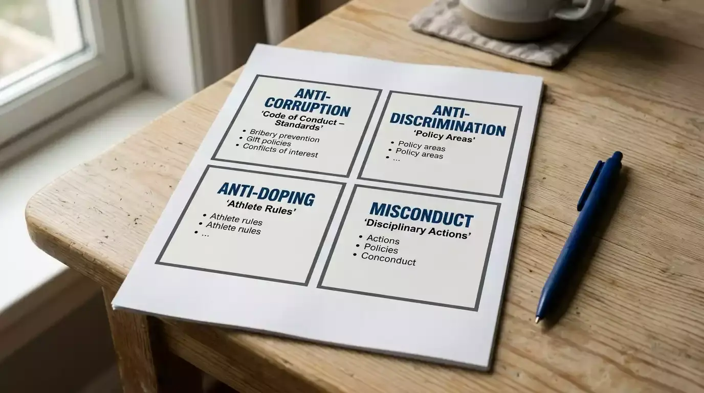 Printed four-pillar framework chart for a cricket regulator on a meeting table