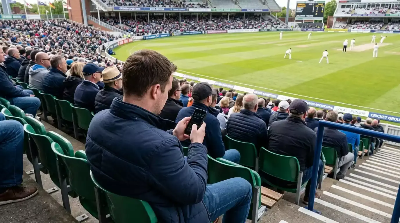 Spectator using a mobile phone in a county cricket stand mid-match