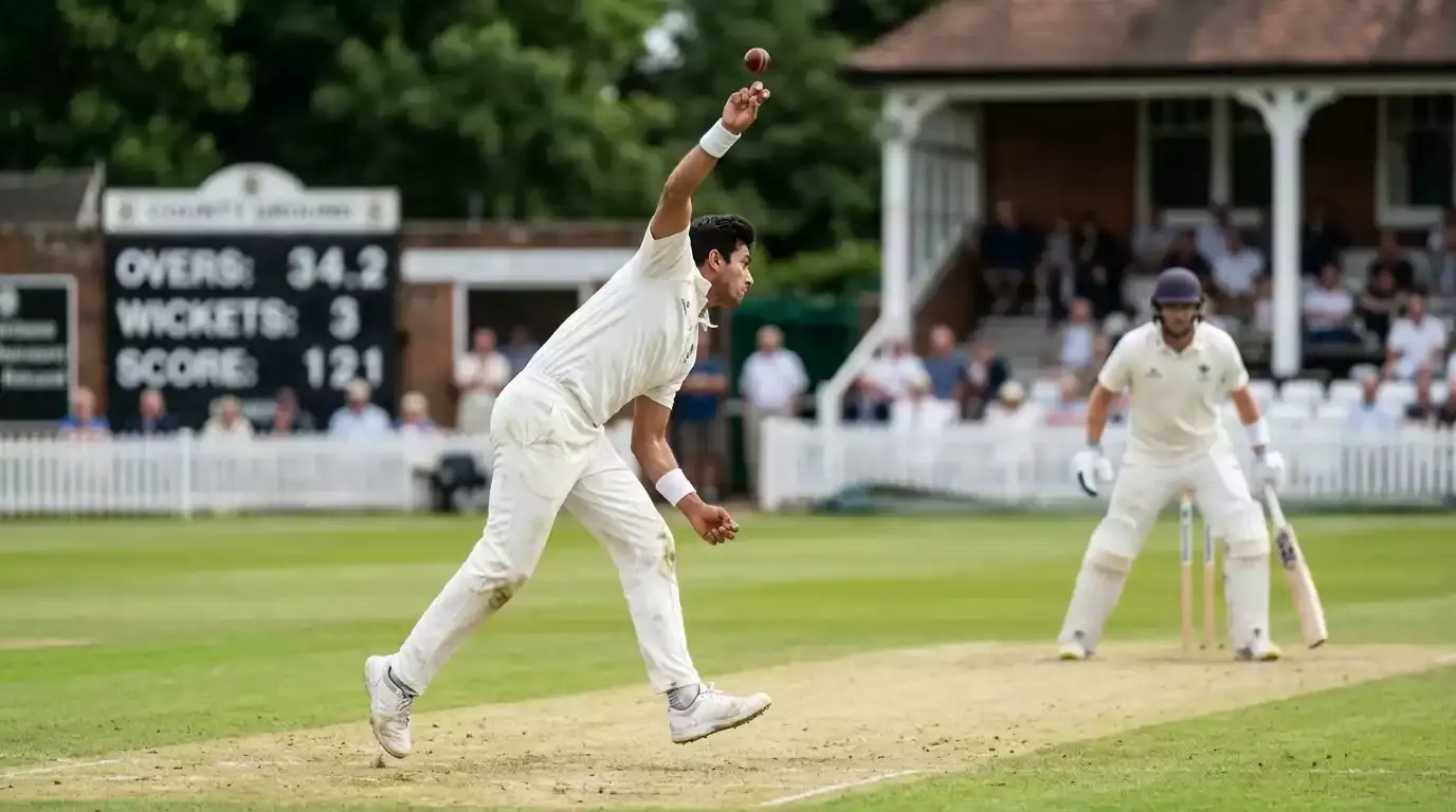 Spin bowler in full delivery stride at a county cricket ground