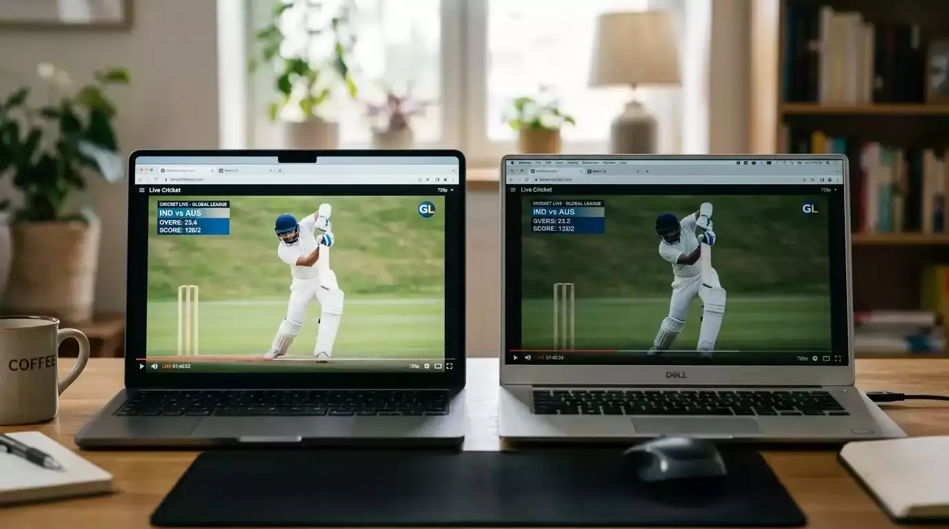 Two laptops side by side showing the same cricket moment a few seconds apart