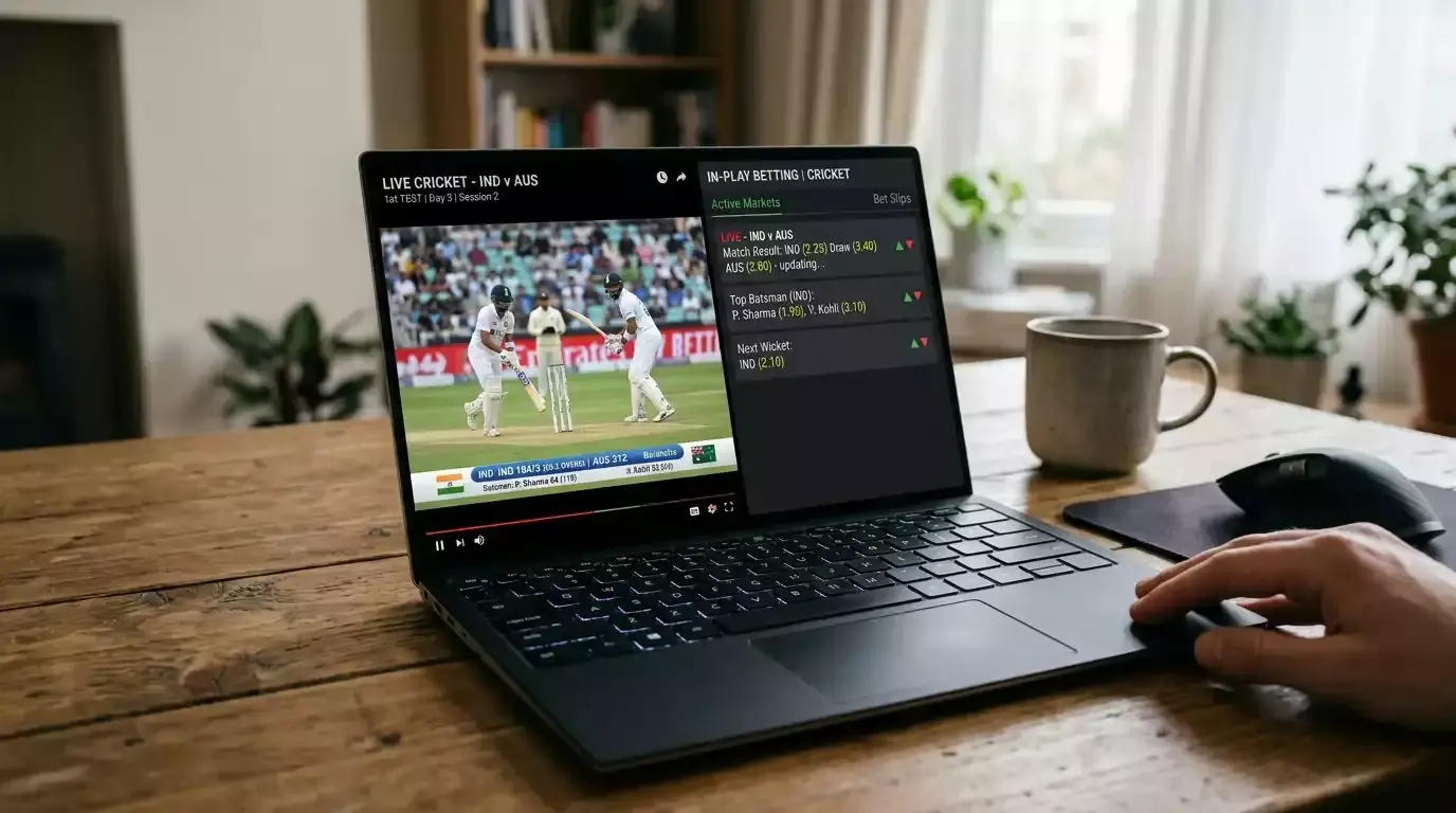Laptop showing a cricket live stream beside a sportsbook in-play console