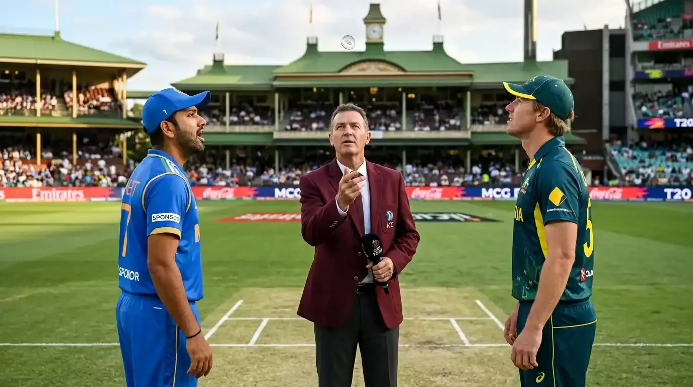 Two captains and the match referee at the centre wicket as the coin spins above the cricket pitch