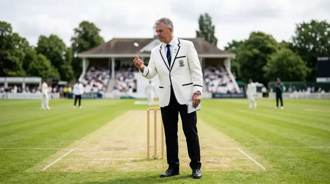 Match referee flipping a silver coin at the centre of a cricket pitch before the start of play
