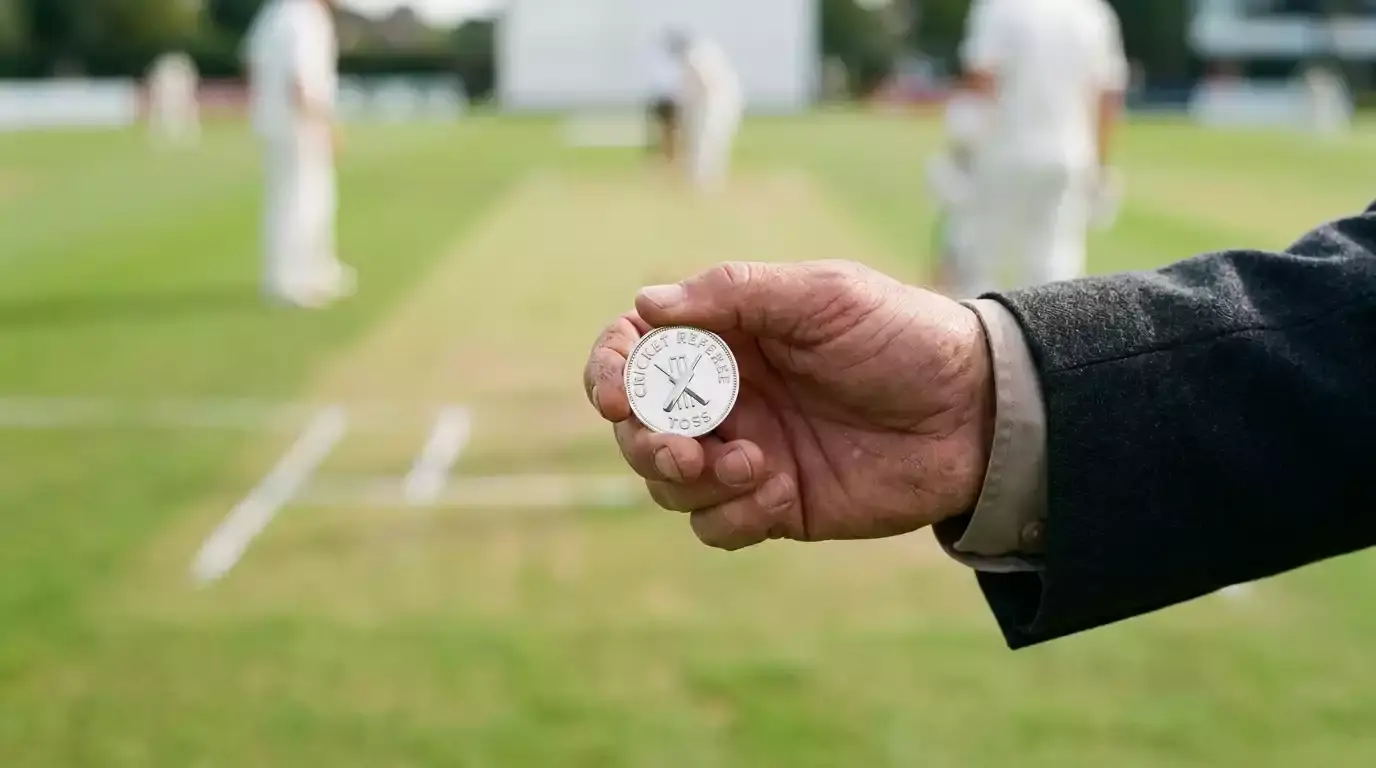 Match referee preparing the coin for a cricket toss at the centre of the pitch