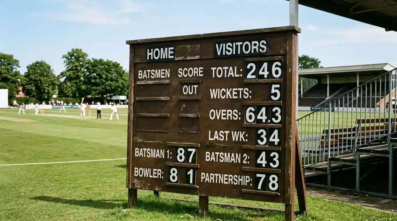 Traditional cricket totals board at a county ground showing first-innings score