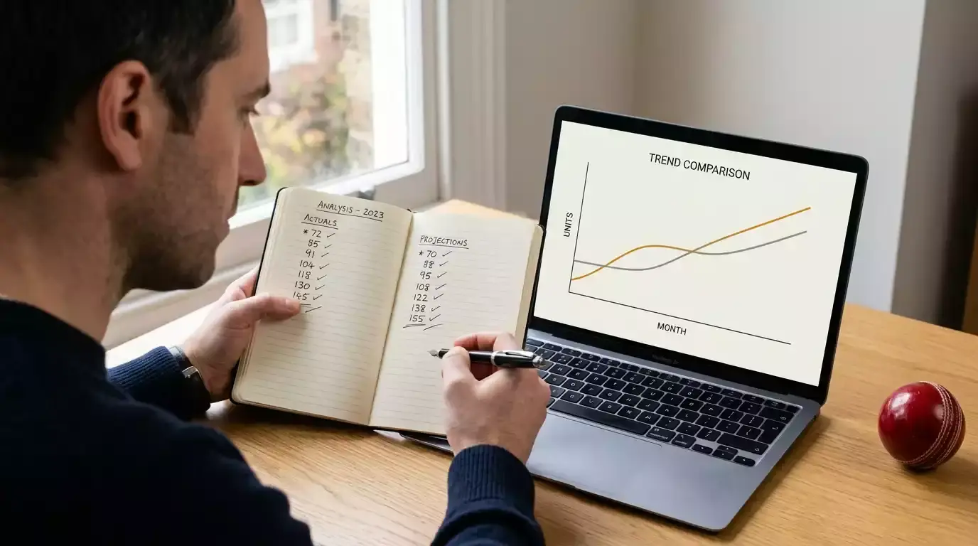 Person at a wooden desk comparing two lines of figures in a notebook beside a laptop screen