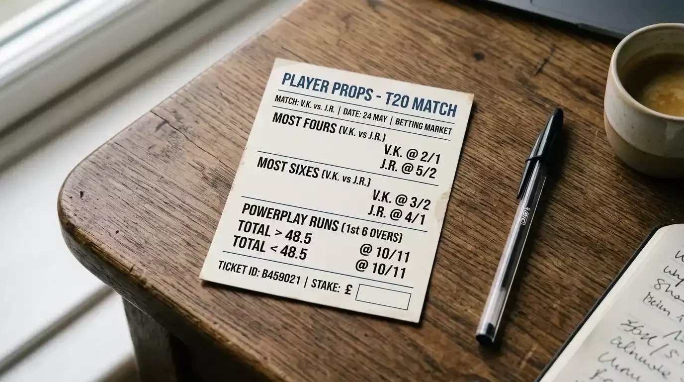 Player props bet card for a domestic T20 match on a desk