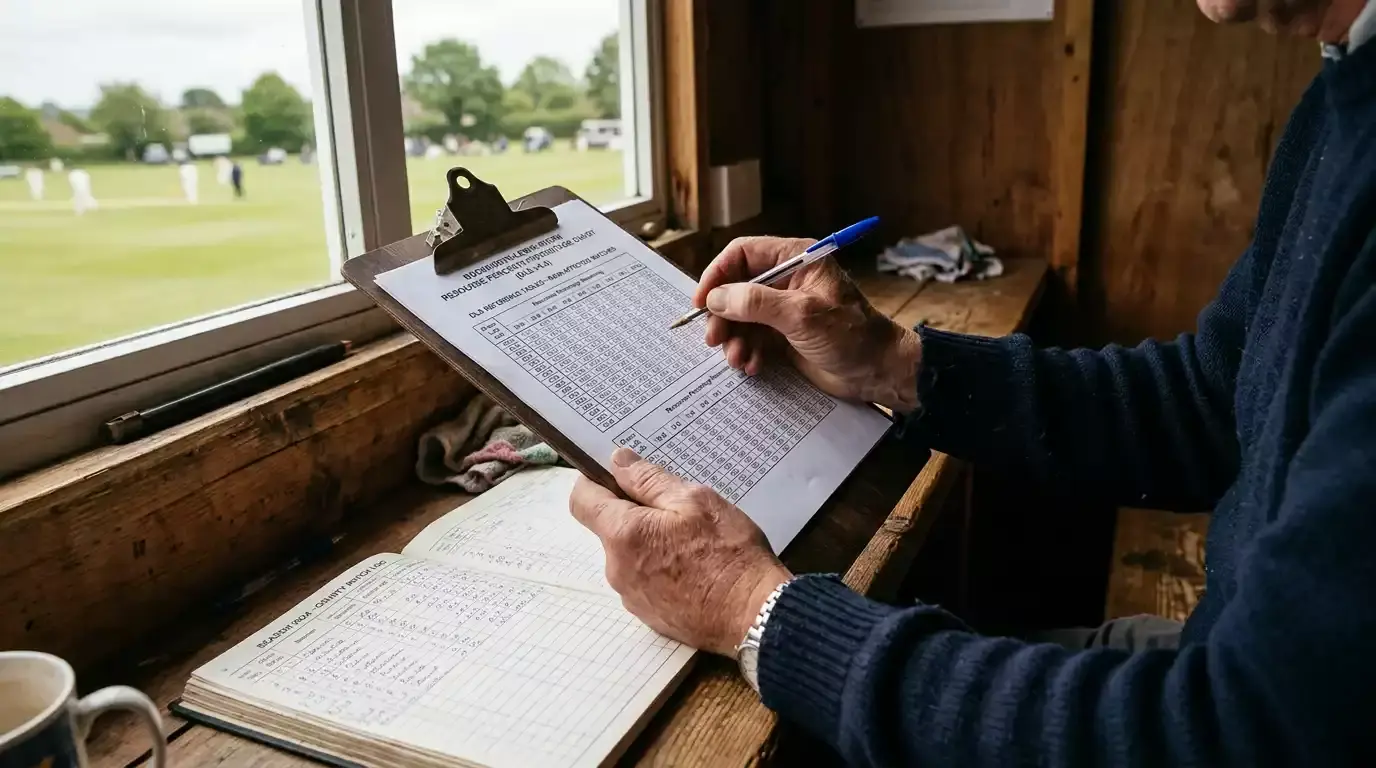 Cricket scorer reading a Duckworth-Lewis-Stern resource percentage table during a match