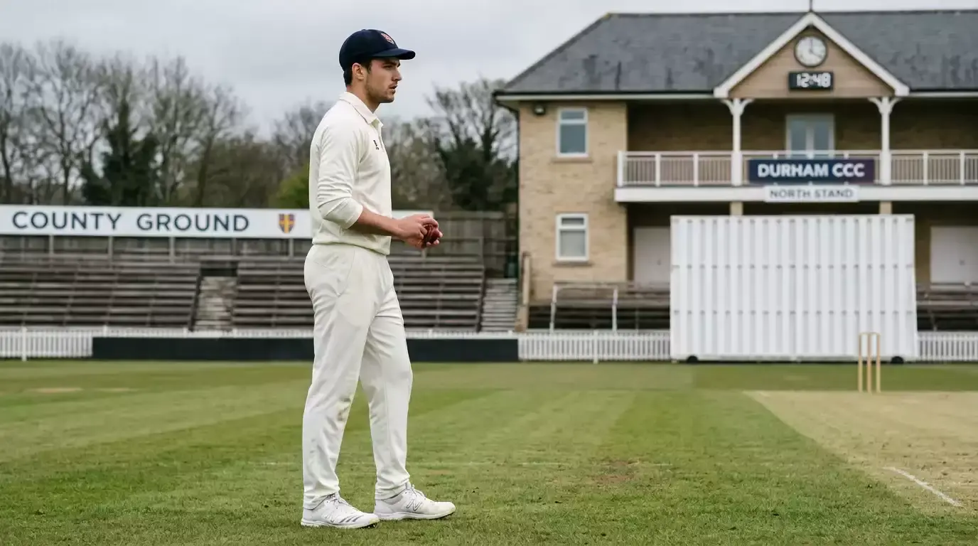 Fast bowler at the top of his run-up at a Durham county ground with empty stands under early-season grey skies