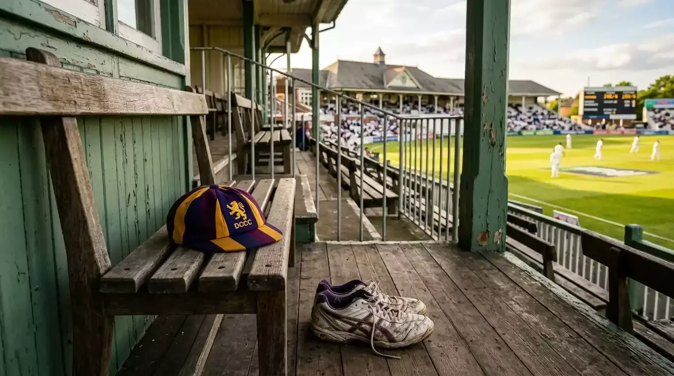 Empty pavilion seat at a Durham-style county cricket ground