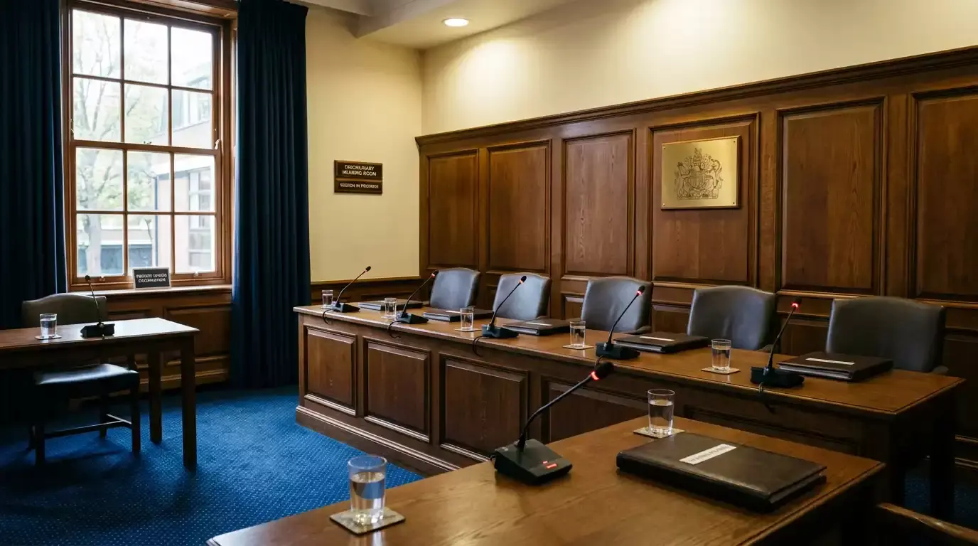 Empty disciplinary hearing room set with a long table, chairs and microphones at an English cricket governance venue