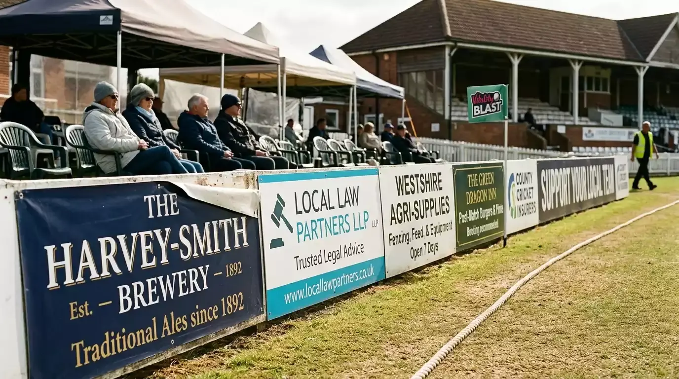 County cricket ground perimeter boards displaying mixed sponsor advertising during a Vitality Blast match
