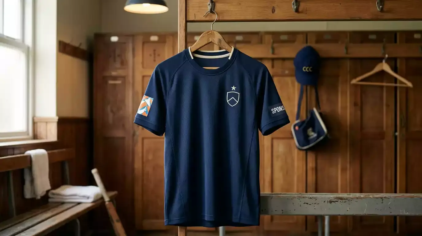 County cricket shirt on a wooden hanger with a sleeve sponsor logo visible against a club dressing room background