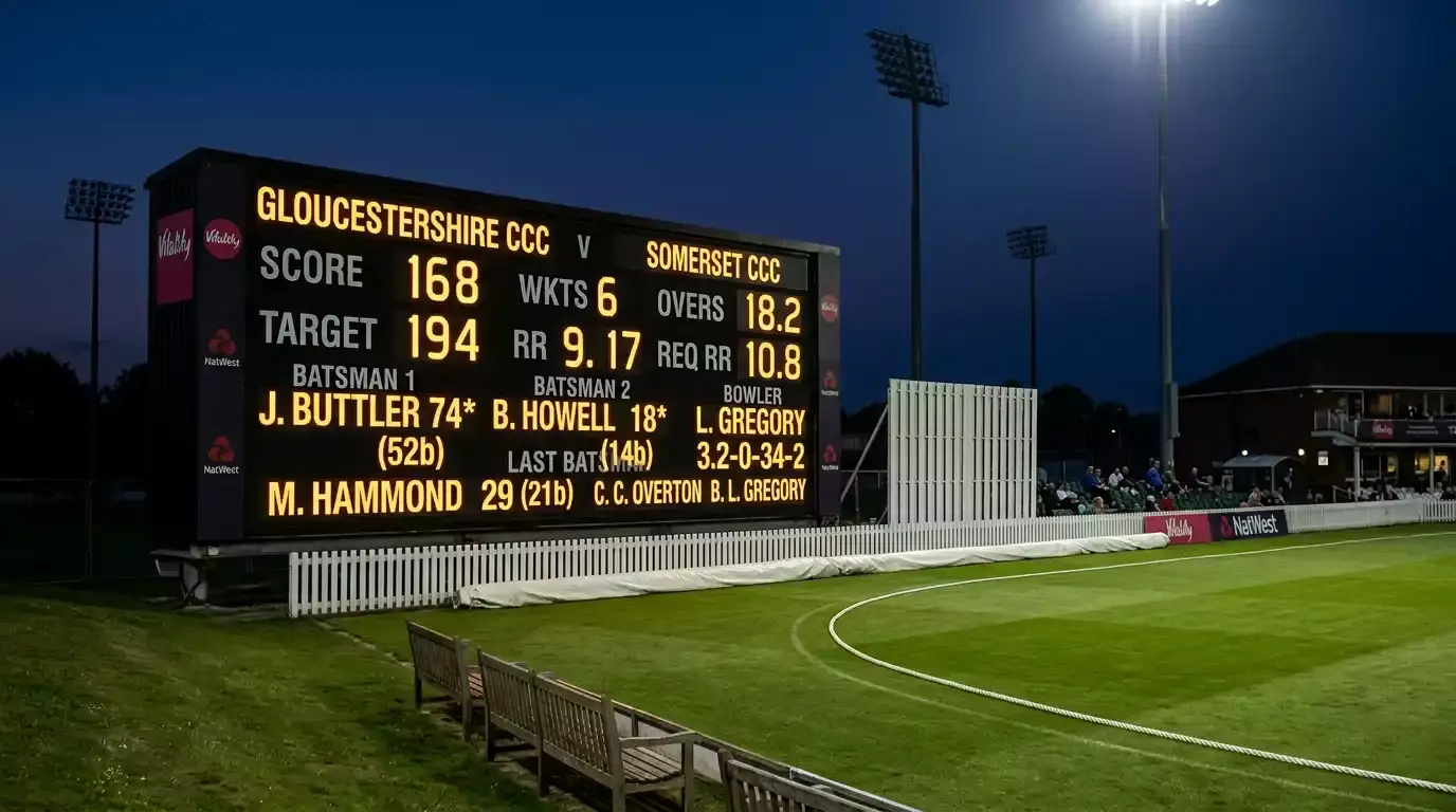 Electronic boundary scoreboard at a UK county ground showing the runs and wickets total during a T20 innings