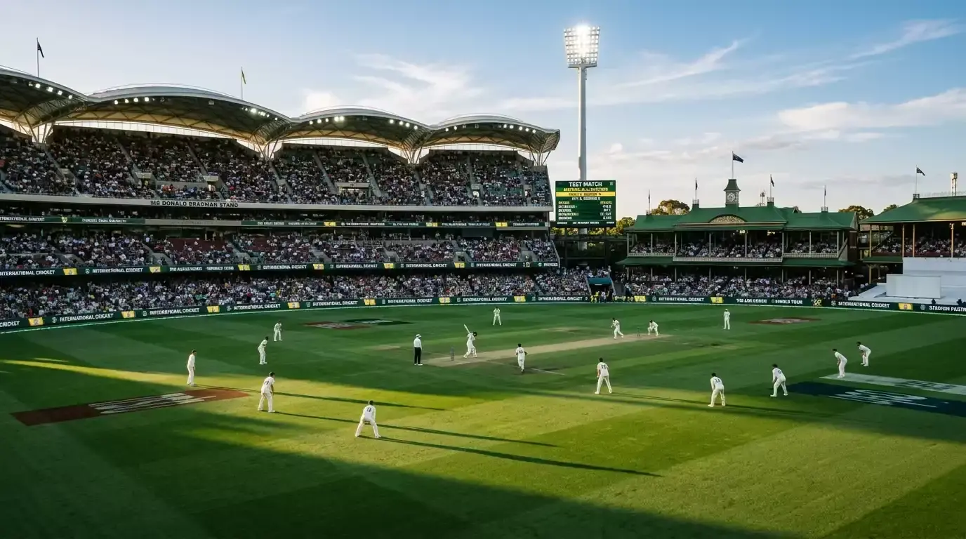 England-style touring squad playing an overseas Test match in afternoon light