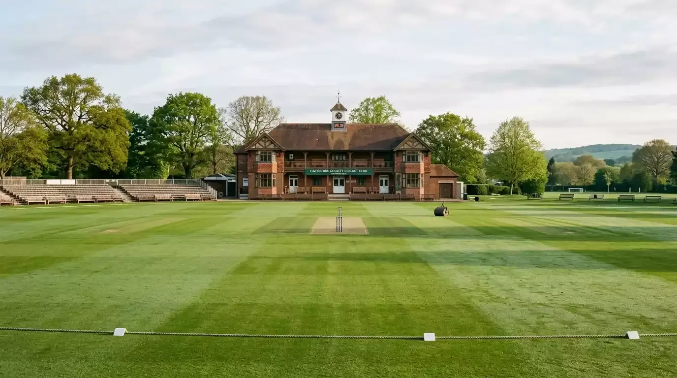 English county cricket ground on a quiet morning before a spring fixture