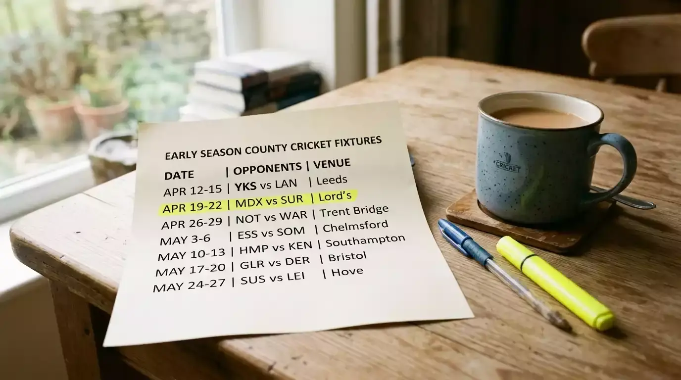 Printed early-season County Championship fixture list page on a desk