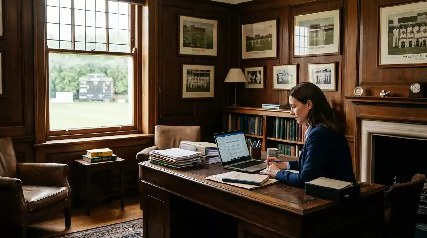English cricket administration office in a traditional pavilion building