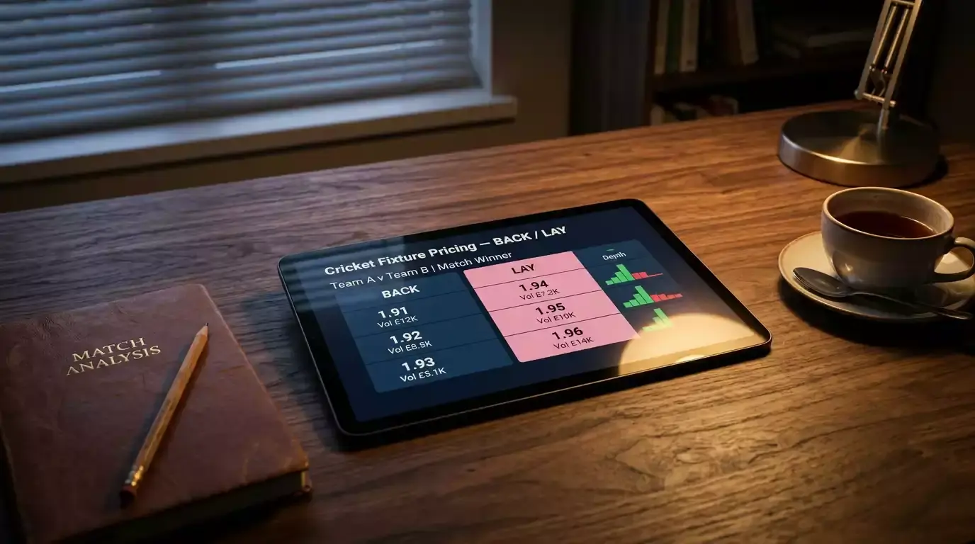 Tablet on a desk showing back and lay columns of decimal prices for a cricket fixture during a quiet evening session