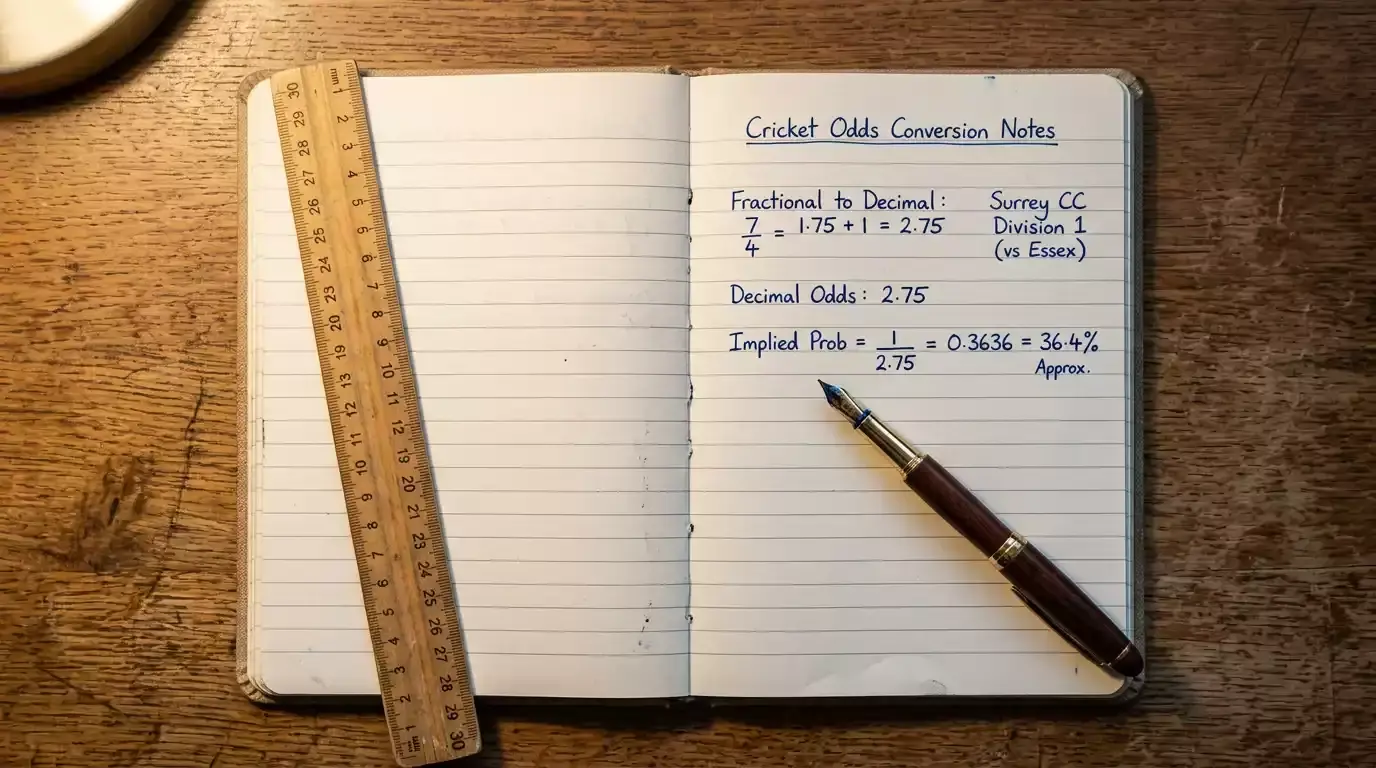 Open notebook with handwritten cricket odds conversion from fractional sevens-over-four to decimal on lined paper